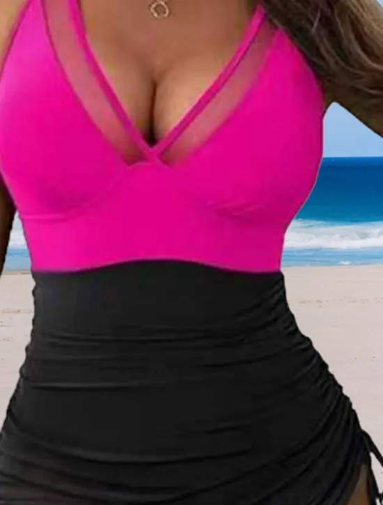 Hot Women's Swimsuits One Piece Monokini Swimsuit Mesh Tummy Control High Waist Slim Vacation Beach Wear Solid Color Floral V Neck Sleeveless Bathing Suits Women One-Pieces