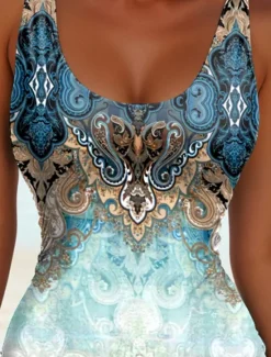 New Women's Swimsuits One Piece Monokini Swimsuits Backless Vacation Beach Wear Ombre Geometric U Neck Sleeveless Bathing Suits Women One-Pieces