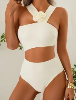Online Women's Swimsuits One Piece Monokini Swimsuit Backless Tummy Control High Waist Slim Vacation Beach Wear Solid Color Asymmetric Neck Sleeveless Bathing Suits Women One-Pieces
