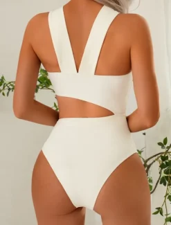Online Women's Swimsuits One Piece Monokini Swimsuit Backless Tummy Control High Waist Slim Vacation Beach Wear Solid Color Asymmetric Neck Sleeveless Bathing Suits Women One-Pieces