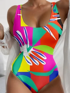 Best Women's Swimsuits One Piece Monokini Swimsuit Backless Tummy Control High Waist Slim Vacation Beach Wear Graphic Geometric U Neck Sleeveless Bathing Suits Women One-Pieces