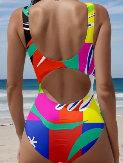 Best Women's Swimsuits One Piece Monokini Swimsuit Backless Tummy Control High Waist Slim Vacation Beach Wear Graphic Geometric U Neck Sleeveless Bathing Suits Women One-Pieces