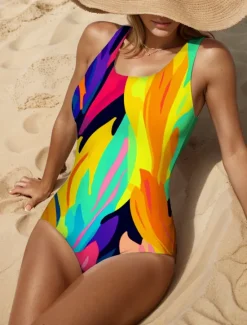 Discount Women's Swimsuits One Piece Monokini Swimsuit Backless Tummy Control High Waist Slim Vacation Vintage Graphic Geometric U Neck Sleeveless Bathing Suits Women One-Pieces