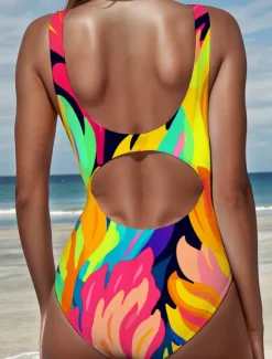 Discount Women's Swimsuits One Piece Monokini Swimsuit Backless Tummy Control High Waist Slim Vacation Vintage Graphic Geometric U Neck Sleeveless Bathing Suits Women One-Pieces