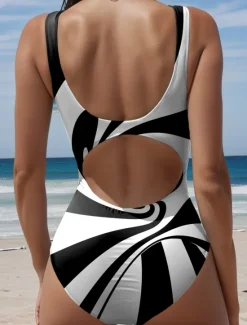 Discount Women's Swimsuits One Piece Monokini Swimsuit Backless Tummy Control High Waist Slim Vacation Beach Wear Geometric U Neck Sleeveless Bathing Suits Women One-Pieces