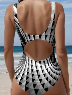 Best Women's Swimsuits One Piece Monokini Swimsuit Backless Tummy Control High Waist Slim Vacation Beach Wear Geometric U Neck Sleeveless Bathing Suits Women One-Pieces