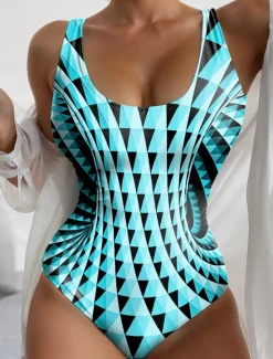 Best Women's Swimsuits One Piece Monokini Swimsuit Backless Tummy Control High Waist Slim Vacation Beach Wear Geometric U Neck Sleeveless Bathing Suits Women One-Pieces