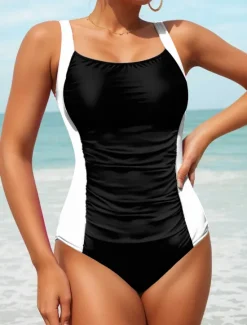 Online Women's Swimsuits One Piece Monokini Swimsuit Backless Tummy Control High Waist Slim Vacation Beach Wear Color Block Scoop Neck Sleeveless Bathing Suits Women One-Pieces