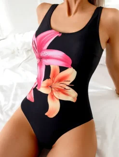 Discount Women's Swimsuits One Piece Monokini High Cut Swimsuit Backless Tummy Control High Waist Slim Vacation Vintage Floral Graphic U Neck Sleeveless Bathing Suits Women One-Pieces