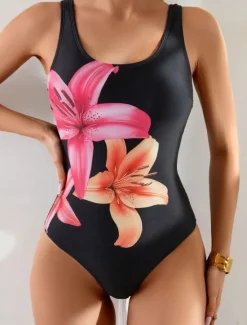 Discount Women's Swimsuits One Piece Monokini High Cut Swimsuit Backless Tummy Control High Waist Slim Vacation Vintage Floral Graphic U Neck Sleeveless Bathing Suits Women One-Pieces