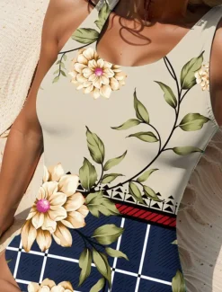 Online Women's Swimsuits One Piece Monokini Swimsuit Backless Tummy Control High Waist Slim Vacation Beach Wear Floral Geometric U Neck Sleeveless Bathing Suits Women One-Pieces