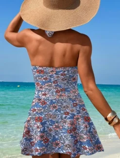 New Women's Swimsuits One Piece Monokini Swim Dress Swimsuit Backless Tummy Control High Waist Slim Vacation Beach Wear Floral Halter Neck Sleeveless Bathing Suits Women Swimdresses