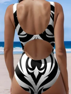 Discount Women's Swimsuits One Piece Monokini Swimsuit Backless Tummy Control High Waist Slim Vacation Beach Wear Geometic U Neck Sleeveless Bathing Suits Women One-Pieces