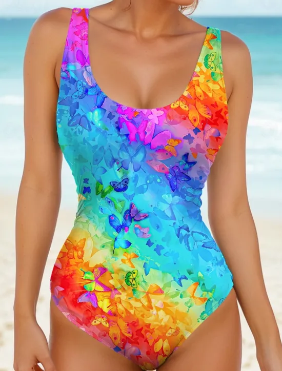 Women's Swimsuits One-Piece Tummy Control Bathing Suits Multicolor Butterfly Print Sleeveless Scoop Neck Stretch Fabric Summer Beachwear Poolside Fashion Vibrant Swimsuits Available in Multiple Sizes Women One-Pieces
