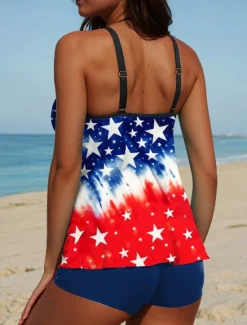 Outlet Women's Swimsuits Patriotic Tankini 2 Piece Boy Leg Swimsuit Backless Vacation Beach Wear Flag U Neck Sleeveless Bathing Suits Women Independence Day Swimwear