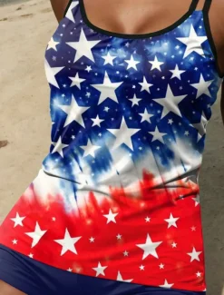 Outlet Women's Swimsuits Patriotic Tankini 2 Piece Boy Leg Swimsuit Backless Vacation Beach Wear Flag U Neck Sleeveless Bathing Suits Women Independence Day Swimwear