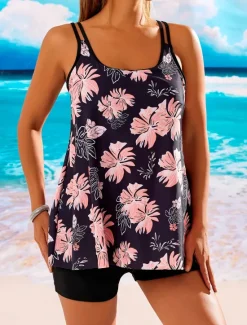 Women's Swimsuits Swimdresses 2 Piece Tankini Swimsuit Backless Vacation Beach Wear Floral U Neck Sleeveless Bathing Suits Women Swimdresses