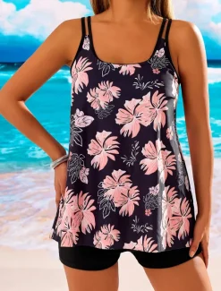 Women's Swimsuits Swimdresses 2 Piece Tankini Swimsuit Backless Vacation Beach Wear Floral U Neck Sleeveless Bathing Suits Women Swimdresses
