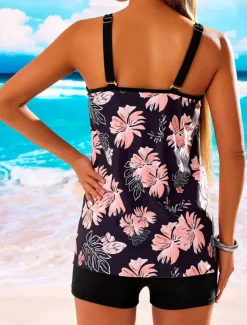 Women's Swimsuits Swimdresses 2 Piece Tankini Swimsuit Backless Vacation Beach Wear Floral U Neck Sleeveless Bathing Suits Women Swimdresses