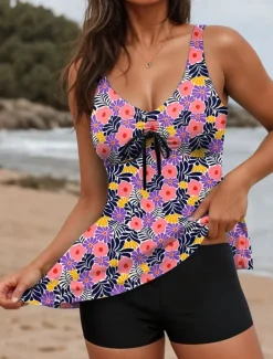 Outlet Women's Swimsuits Tankini 2 Piece Boy Leg Swimsuit Backless Tummy Control High Waist Slim Vacation Beach Wear Floral U Neck Sleeveless Bathing Suits Women Tankinis