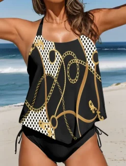 New Women's Swimsuits Tankini 2 Piece Cheeky Swimsuit Backless Vacation Beach Wear Geometric Polka Dot Halter Neck Sleeveless Bathing Suits Women Tankinis