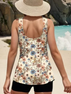 Hot Women's Swimsuits Tankini 2 Piece Boy Leg Swimsuit Backless Tummy Control High Waist Slim Vacation Beach Wear Floral U Neck Sleeveless Bathing Suits Women Tankinis