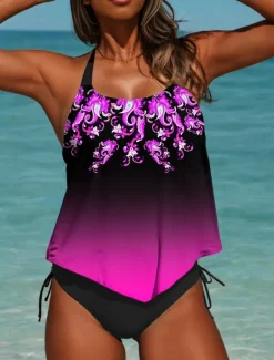 Women's Swimsuits Tankini 2 Piece Cheeky Swimsuits Backless Vacation Beach Wear Ombre Graphic U Neck Sleeveless Bathing Suits Women Tankinis