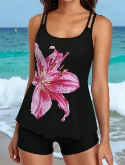 New Women's Swimsuits Tankini 2 Piece Shorts Swimsuit Backless Vacation Beach Wear Floral Graphic U Neck Sleeveless Bathing Suits Women Tankinis