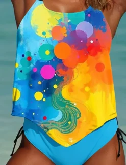 New Women's Swimsuits Tankini 2 Piece Cheeky Swimsuit Backless Vacation Beach Wear Ombre Graphic U Neck Sleeveless Bathing Suits Women Tankinis