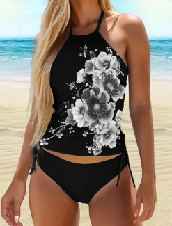Women's Swimsuits Tankini 2 Piece Cheeky Swimsuit Backless Vacation Beach Wear Floral Halter Neck Sleeveless Bathing Suits Women Tankinis