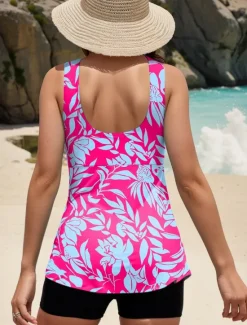 Best Women's Swimsuits Tankini 2 Piece Boy Leg Swimsuit Backless Tummy Control High Waist Slim Vacation Beach Wear Floral Color Block U Neck Sleeveless Bathing Suits Women Tankinis