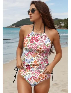 New Women's Swimsuits Tankini 2 Piece Cheeky Swimsuit Backless Vacation Beach Wear Floral Halter Neck Sleeveless Bathing Suits Women Tankinis|Spring Swimwear