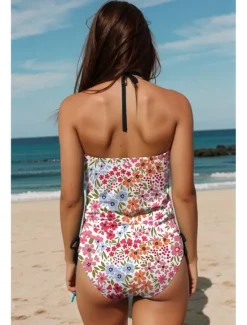 New Women's Swimsuits Tankini 2 Piece Cheeky Swimsuit Backless Vacation Beach Wear Floral Halter Neck Sleeveless Bathing Suits Women Tankinis|Spring Swimwear