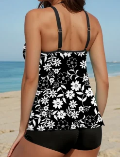 Best Women's Swimsuits Tankini 2 Piece Boy Leg Swimsuit Backless Vacation Beach Wear Floral U Neck Sleeveless Bathing Suits Women Tankinis