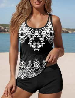 Online Women's Swimsuits Tankini 2 Piece Boy Leg Swimsuit Backless Vacation Beach Wear Geometric U Neck Sleeveless Bathing Suits Women Tankinis