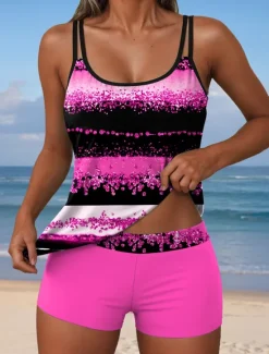 Clearance Women's Swimsuits Tankini 2 Piece Shorts Swimsuit Backless Vacation Beach Wear Graphic Geometric U Neck Sleeveless Bathing Suits Women Tankinis