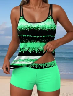 Clearance Women's Swimsuits Tankini 2 Piece Shorts Swimsuit Backless Vacation Beach Wear Graphic Geometric U Neck Sleeveless Bathing Suits Women Tankinis