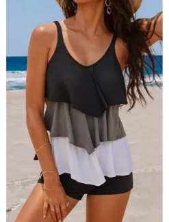 Clearance Women's Swimsuits Tankini Swimsuit Color Block Layered Grey White Summer Beach Poolside Sporty Top with Shorts Swimwear Quick Dry Stretchy Women Tankinis