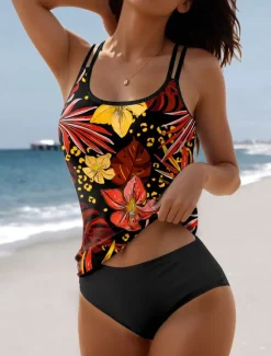 Hot Women's Swimsuits Tankini 2 Piece Shorts Swimsuit 2 Piece Printing Vacation Beach Wear Floral Sleeveless Bathing Suits Women Tankinis