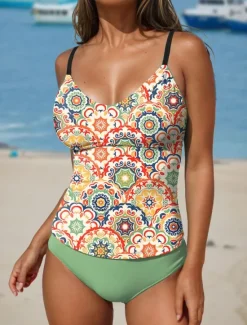 Discount Women's Swimsuits Tankini 2 Piece Boy Leg Swimsuit Backless Vacation Beach Wear Floral Graphic U Neck Sleeveless Bathing Suits Women Tankinis