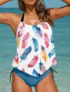 Hot Women's Swimsuits Tankini 2 Piece Cheeky Swimsuit Backless Vacation Beach Wear Graphic Halter Neck Sleeveless Bathing Suits Women Tankinis