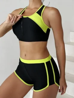 Online Women's Swimsuits Tankini 2 Piece Shorts Swimsuit Backless Tummy Control High Waist Slim Vacation Beach Wear Color Block U Neck Sleeveless Bathing Suits Women Bikinis