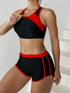 Online Women's Swimsuits Tankini 2 Piece Shorts Swimsuit Backless Tummy Control High Waist Slim Vacation Beach Wear Color Block U Neck Sleeveless Bathing Suits Women Bikinis