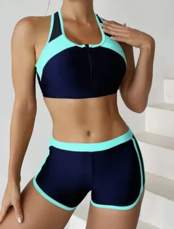 Online Women's Swimsuits Tankini 2 Piece Shorts Swimsuit Backless Tummy Control High Waist Slim Vacation Beach Wear Color Block U Neck Sleeveless Bathing Suits Women Bikinis