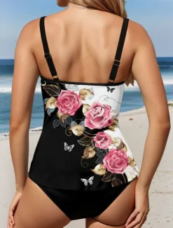 Online Women's Swimsuits Tankini 2 Piece Cheeky Swimsuit Backless Tummy Control High Waist Slim Vacation Beach Wear Floral Graphic U Neck Sleeveless Bathing Suits Women Tankinis