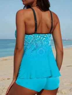 Clearance Women's Swimsuits Tankini 2 Piece Shorts Swimsuit Backless Vacation Beach Wear Ombre Graphic U Neck Sleeveless Bathing Suits Women Tankinis
