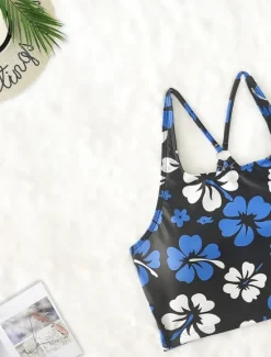 Best Women's Swimwear 2 Piece Boy Leg Swimsuit Backless Drawstring Tummy Control High Waist Slim Vacation Beach Wear Graphic Halter Neck Sleeveless Bathing Suits Women Tankinis