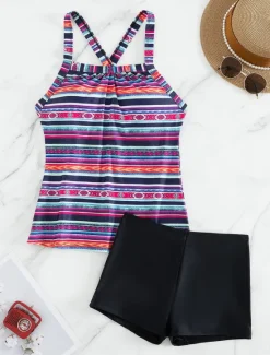 Outlet Women's Swimwear 2 Piece Boy Leg Swimsuit Backless Tummy Control High Waist Slim Cross Vacation Beach Wear Striped U Neck Sleeveless Bathing Suits Women Tankinis