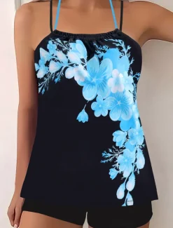 Outlet Women's Swimwear 2 Piece Boy Leg Swimsuit Backless High Waist Slim Vacation Beach Wear Graphic Halter Neck Sleeveless Bathing Suits Women Tankinis