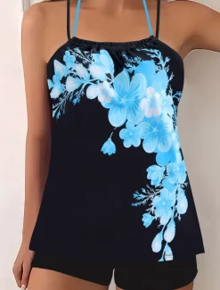 Outlet Women's Swimwear 2 Piece Boy Leg Swimsuit Backless High Waist Slim Vacation Beach Wear Graphic Halter Neck Sleeveless Bathing Suits Women Tankinis